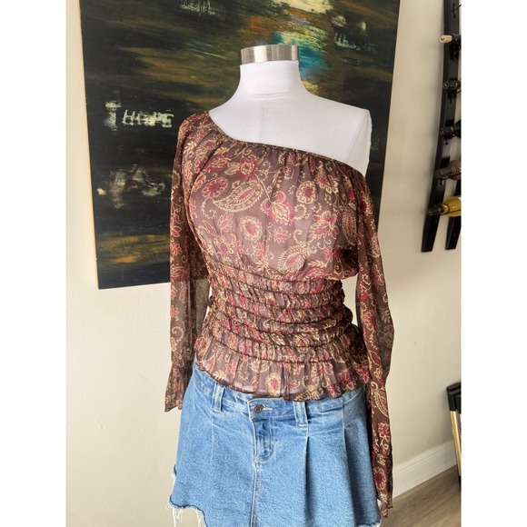 I-N-C International Concepts Tops - INC Blouse 6 Brown Paisley One Shoulder Smocked Silk Top Sheer
